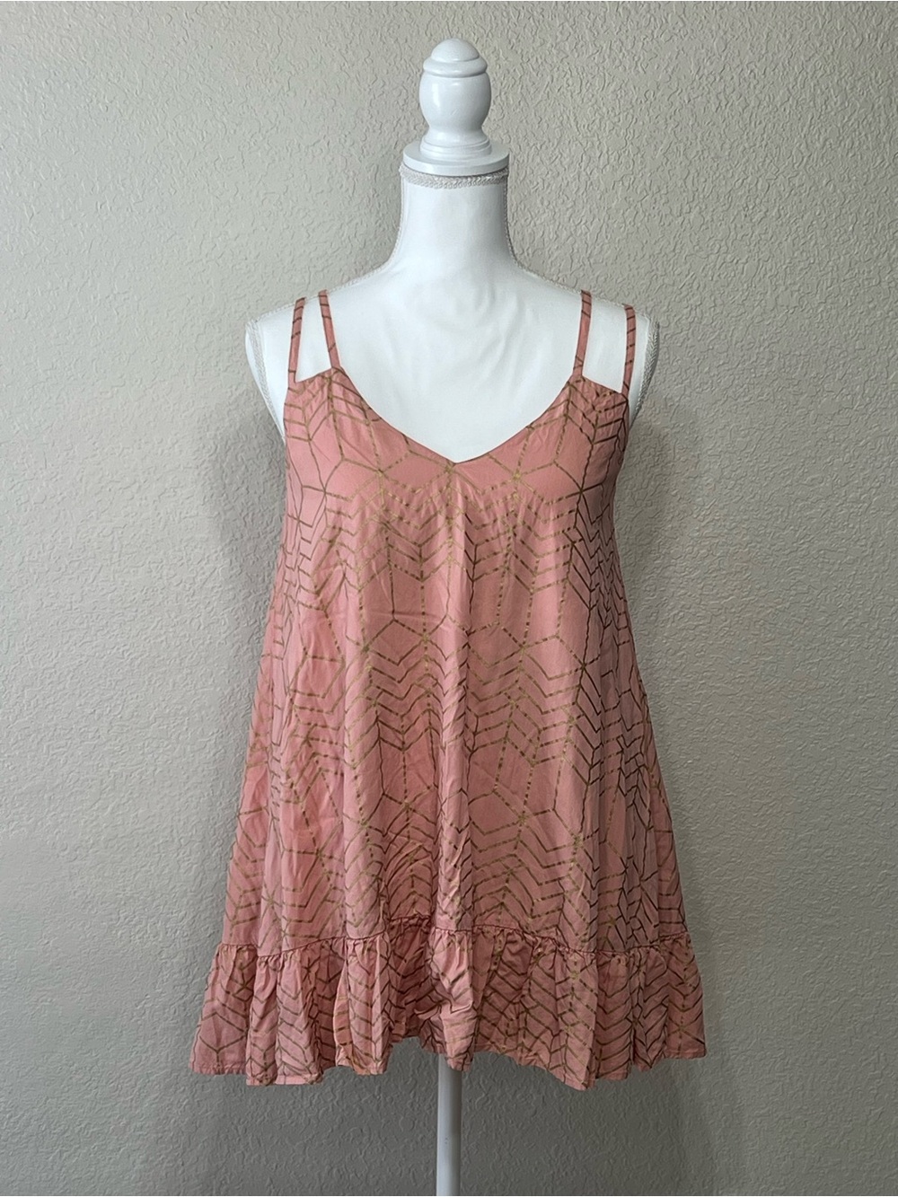 Rock and Roll Cowgirl Double Strap Tent Dress Peach Gold Size Small Ruffle Hem